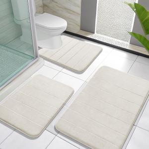 Yimobra Memory Foam Bath Mat Set 3 Pieces- Super Soft Absorbent Quick Dry Bathroom Rug Sets, Machine Washable Non Slip Floor Carpet for Tub Shower, Vanity & Toilet Base, Cream White (31.5''x20'' +17''x24'' + 24''x20'')