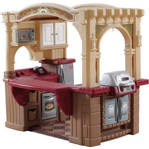 Step2 Grand Walk-In Kitchen & Grill Kids Playset, Indoor/Outdoor Kitchenette, Interactive Play with Lights and Sounds, Durable Plastic, 103 Piece Toy Accessories, Toddlers 2+ Years Old, Brown/Tan