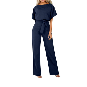 Jumpsuits for Women Dressy Short Sleeve Belted Wide Leg Pant Elegant Long Romper Business Casual One Piece Outfits, Medium