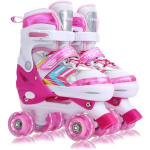 Roller Skates for Kids Girls Toddlers Beginners, 4 Size Adjustable Light Up Wheels Roller Skates for Girls Youth (Medium(2-5), Pink)