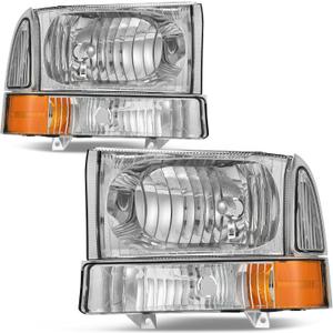 AUTOSAVER88 Headlight Assembly Compatible with 1999-2004 Ford F250 F350 F450 F550 Super Duty/2000-2004 Ford Excursion Chrome Housing Clear Lens w/Signal Lamps (Chrome+Clear Lens)