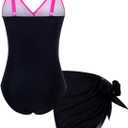 Funnycokid Girls One Piece Swimsuit Color Block Teen Bathing Suit with Pad Cover Up Skirt(7-16Y)