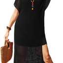 VOTEPRETTY Womens Two Piece Cover Ups Sets Crochet Beach Vacation Summer Swimwear Short Sleeve Outfits Split Knit Long Dress (Black)