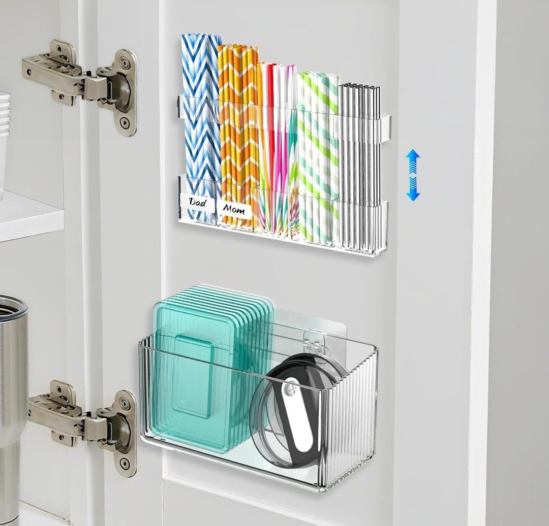 9.6 Acrylic Straw Holder & Cabinet Door Organizer Set, Adjustable Height for Mixed Straw Sizes, Transparent Design, Drainage Holes, Adhesive Installation - Kitchen Cabinet Organizer for Small Spaces