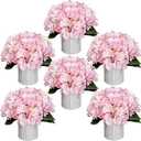 DIYDOFUN Flower Table Centerpieces - Set of 6 Floral Arrangement Artificial Wedding Hydrangeas Floral Arrangement with Rustic Metal Vase for Bridal Tea Party Event Decorations - Pink
