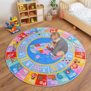 Kids Rugs for Playroom - Soft & Non-Slip 6x6 Feet Round Educational Rug for Learning ABC Alphabet, Numbers, Shapes & Map, Washable Classroom Rug for Toddler Nursery & Kids Room Decor