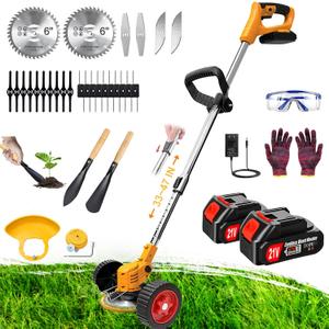 Electric Weed Wacker Cordless Eater, Weed Trimmer Battery Powered with 5 Types Blades&2Pcs 21V/2.0Ah Battery Operated & Charger, Lightweight Weed Trimmer/Edger Lawn Tool/Brush Cutter for Garden Yard
