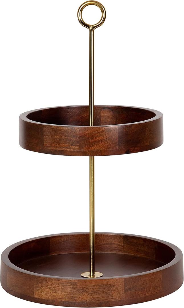 Kate and Laurel Lipton Modern Two Tier Tray, 13 x 13 x 20, Walnut Brown and Gold, Glam Decorative Tray