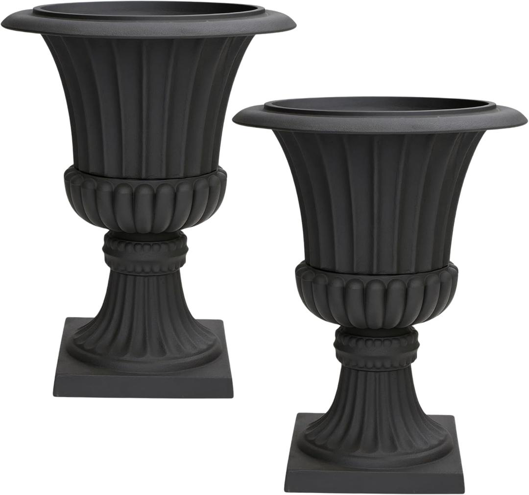 Urn Planters 22", Set of 2, Tall Stone-Resin Pedestal Planters for Outdoor Plants, Large Front Porch Decor, Patio Garden Pots, Outdoor Urns for Entryway, Porch & Deck, Black Plant Pot