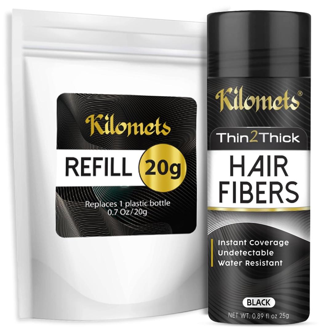 Hair Fibers for Thinning Hair and Refill (45g, Black) - Root Touch Up & Hair Powder For Gray Hair Cover Up - Instantly Thicker & Fuller Look - Completely Conceals Hair Loss in 15 Seconds