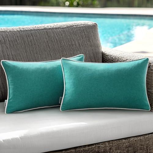 ANRODUO Set of 2 Outdoor Waterproof Pillow Covers 12x20 Inch Turquoise Decorative Throw Pillow Covers Linen Lumbar Solid Color Couch Pillow Covers for Patio Tent Bed Sofa and Living Room Decor