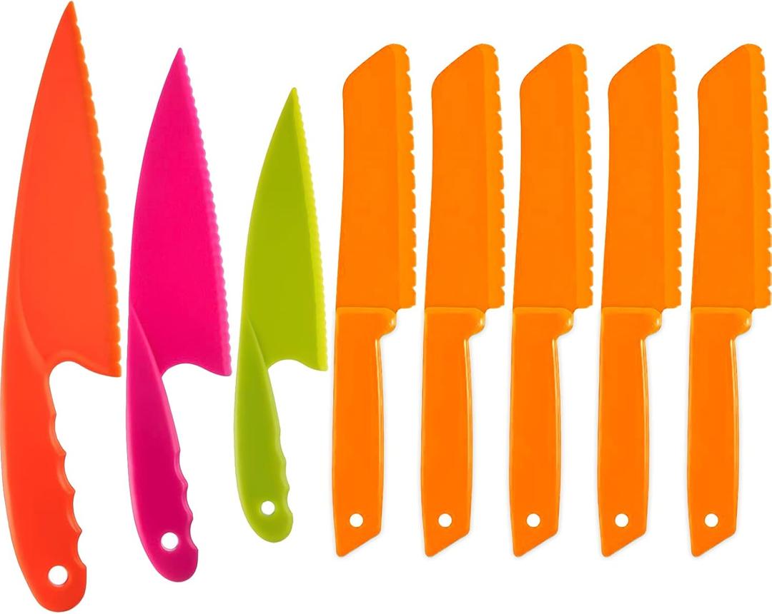 JOVITEC 8 Pcs Kid Cooking Kitchen Knife Set, Plastic Serrated Edges Children's Safe Chef Nylon Knives for Cutting Fruit Bread Cake Salad Lettuce Kids Cooking Supply(Orange Square Knife)