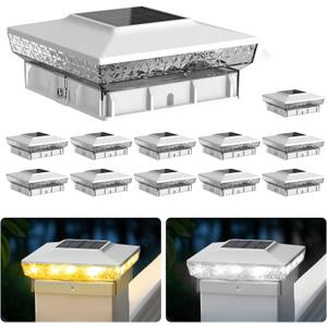 Solar Post Cap Lights, 12-Pack Upgraded Outdoor Deck Fence Post Solar Lights for 4x4 5x5 Wood/Vinyl Posts, IP65 Waterproof, 10-12 Hours Warm/Cool White Glow for Garden/Patio/Porch - White