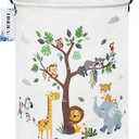 Round Animal Laundry Basket,Collapsible Laundry Hamper for Nursery,Cute Jungle Animal Toy Storage Bin for Kids,Waterproof Storage Basket for Home,Bedroom,Playroom,New Parent Gift (Tree Animals)