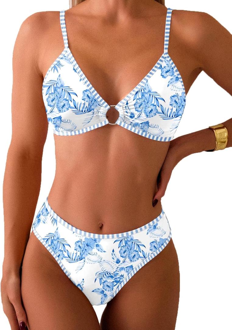 Fanuerg Women's Triangle Bikini Sets O Ring Linked Two Piece Swimsuits Floral Printed Cheeky Bathing Suit (Blue, M)