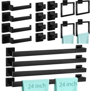 FEILERN 20-Piece Matte Black Bathroom Hardware Set, 24 Inch Bath Towel Bar Set, Stainless Steel Wall Mounted Towel Rack for Bathroom