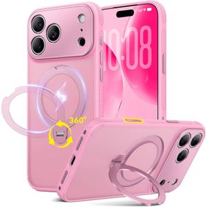 4 x 360 Spin Magnetic Stand for iPhone 17 Pro Case, Fit for MagSafe, All Around 4X Military-Grade Protection, Full Camera Protection,Anti-Slip Slim Phone Case for iPhone 17 Pro 6.3", Chalk Pink