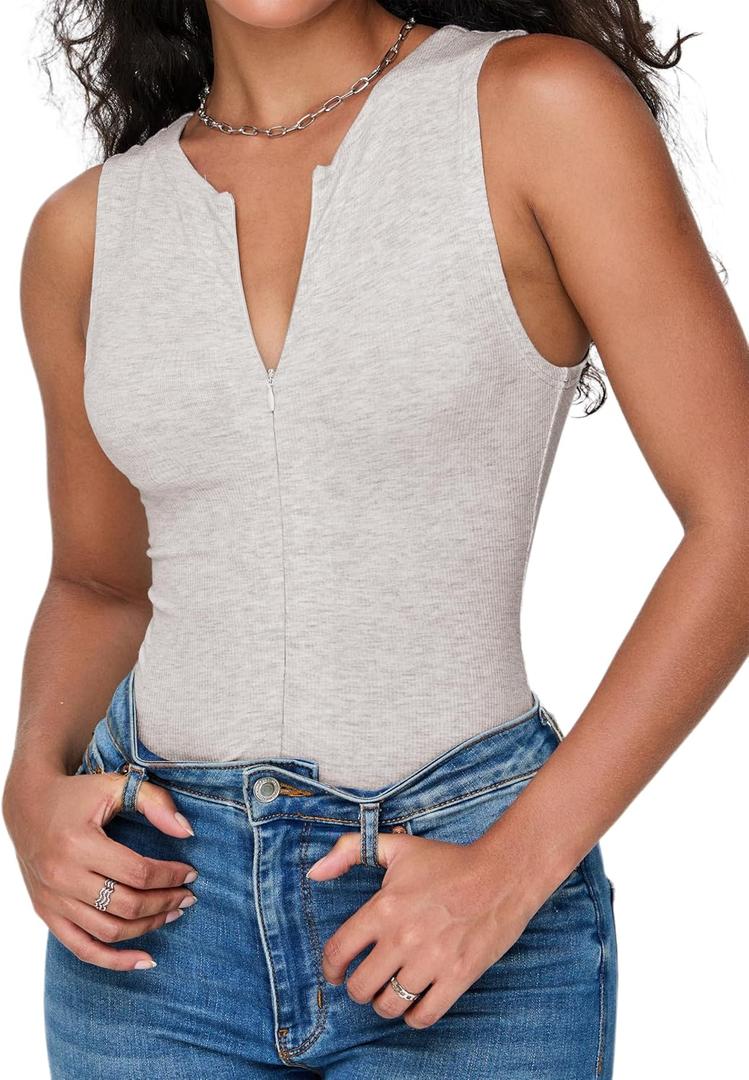 iGENJUN Women's Bodysuit Tops Sleeveless Invisible Zip Up Crew Neck Body suit (Medium, Heather Grey)