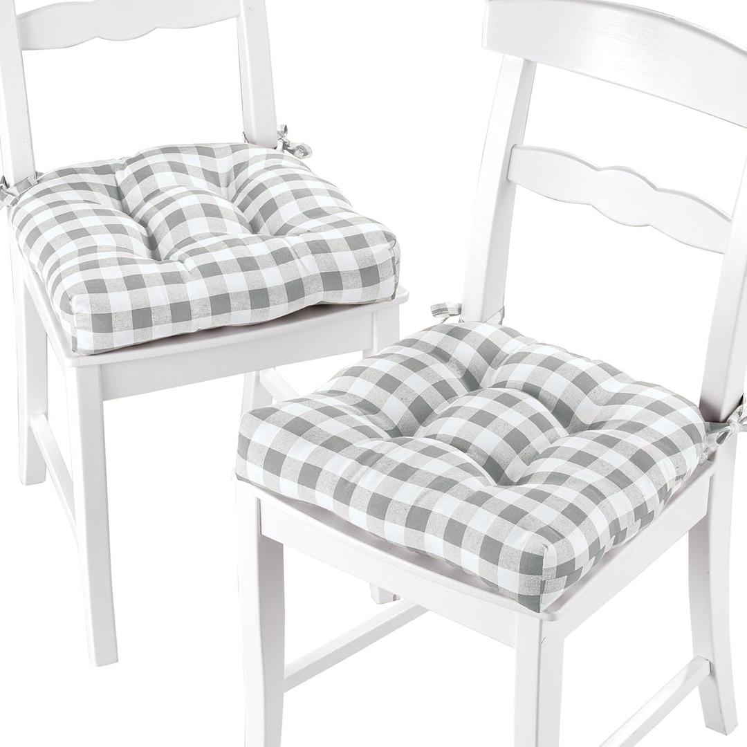 ACHIM Buffalo Check Tufted Chair Seat Cushions, 2-Pack, Grey - 16" x 15" x 3" - Comfortable Seat Cover Pad with Stain Repellent Fabric & Ties to Indoor & Ourdoor Chair Styles Home Decor