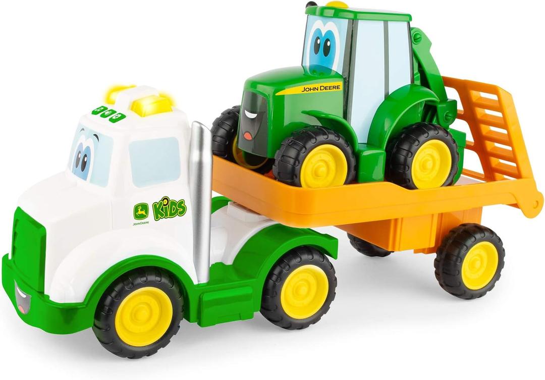 TOMY John Deere Lights & Sounds Farmin' Friends Hauling Set - Includes Toy Truck and Backhoe Tractor Toy for Indoor and Outdoor Play - Preschool Toys Ages 18 Months and Up