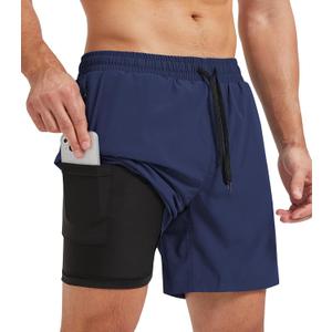 SILKWORLD Mens Swim Trunks with Compression Liner 9 Inch Long Bathing Suit 2 in 1 Beach Quick Dry Shorts with Pockets, L