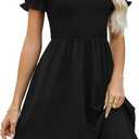 EeYu Women's Smocked A-line Dress 2026 Casual Summer Vacation V-Neck Short Sleeves Knee Length Dress (Large-Black)