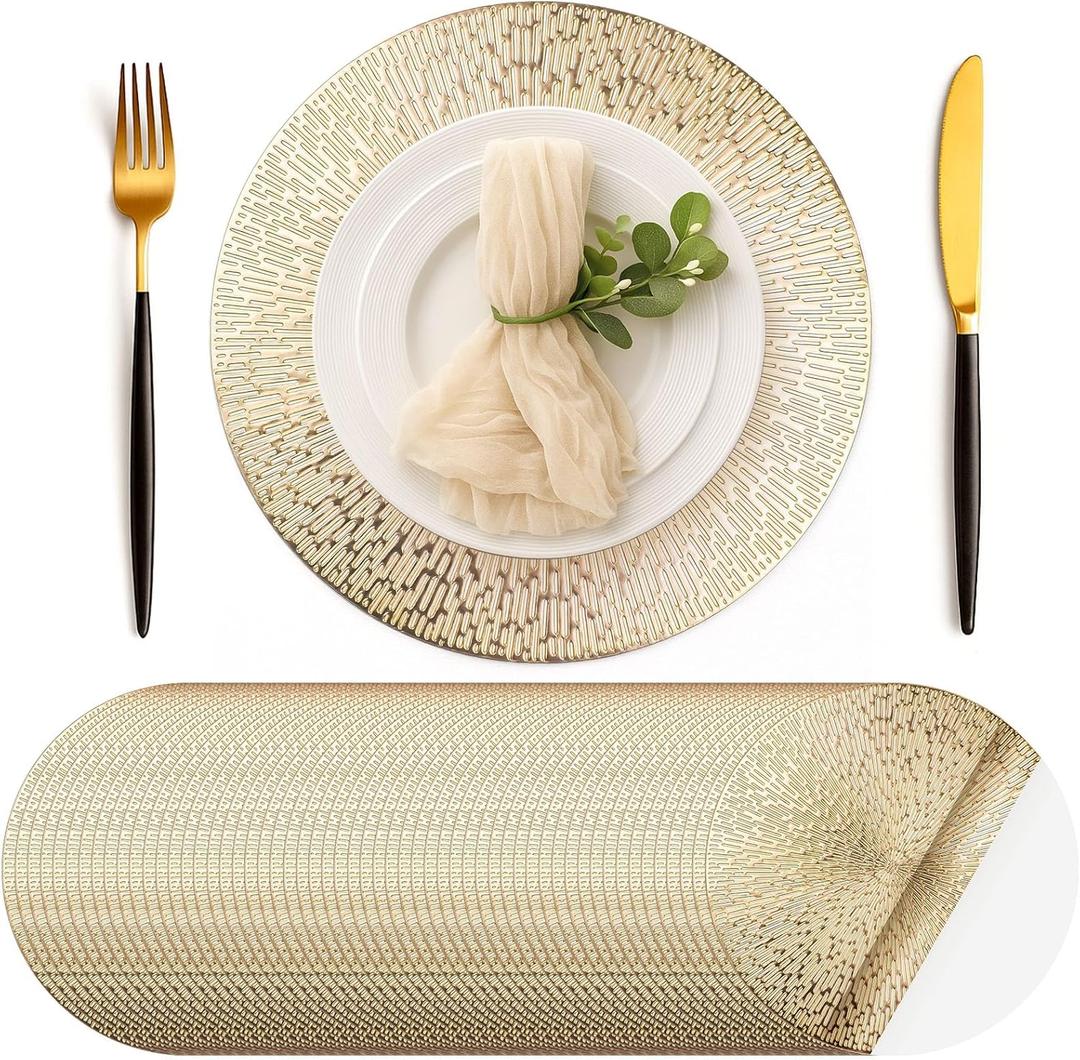 Geosar 100 Pcs Round Disposable Paper Placemats Bulk 13 Inch Disposable Charger Plates Mats Gold Decorative Placemats for Dinner Wedding Birthday Party Tableware Kitchen Banquet Table Setting