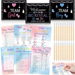 Meooeck 173 Pcs Gender Reveal Games for 25 Guests 6 Funny Baby Shower Games with 20 Pencils Boy or Girl Gender Reveal Ideas Baby Bingo Prediction Guess Mommy or Daddy Old Wives Tales Word Scramble