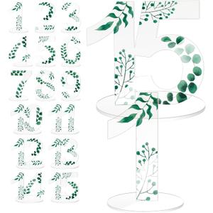 Acrylic Wedding Table Numbers 1-15 with Stands 4.72 x 3.15 Inches Clear Sign Place Cards with Green Eucalyptus Floral Theme for Wedding Reception Bridal Shower Table Decorations