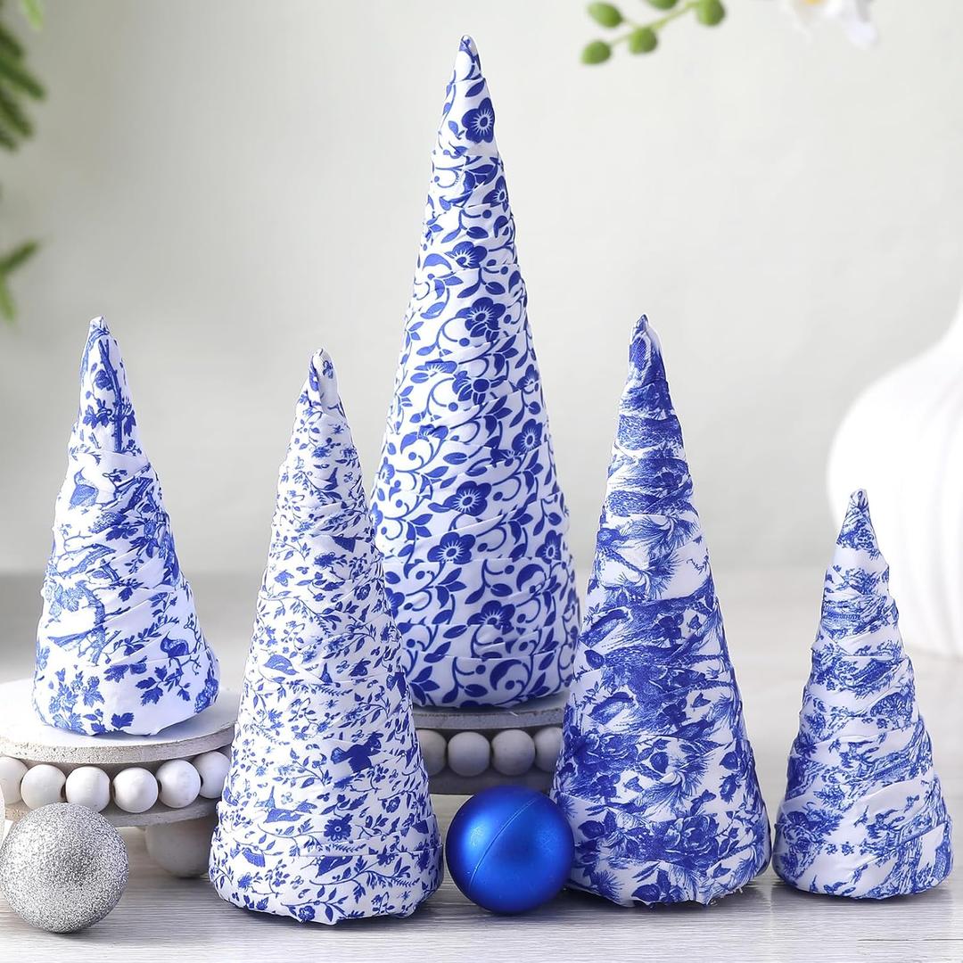 5 Pcs Chinoiserie Christmas Tree Mini Cone Table Decor Blue and White Porcelain Christmas Tree Table Centerpiece for Home Wedding Party Holiday Decor Mantle Decoration