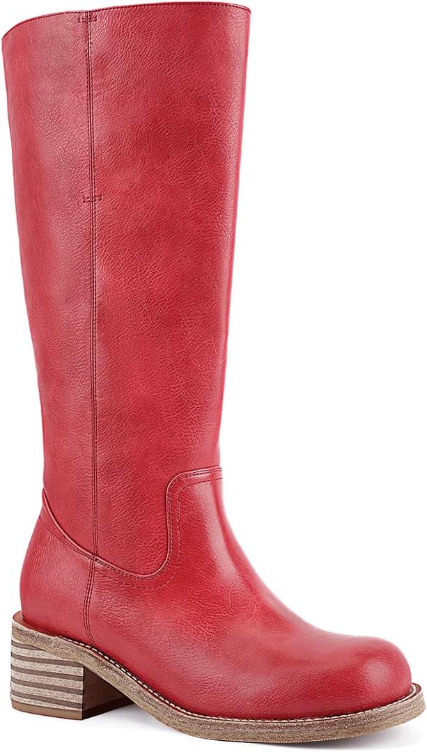 UBWDU Women's Knee High Boots Chunky Block Heel Long Boots Square Toe Low Heel Boots for Women (7, Red)