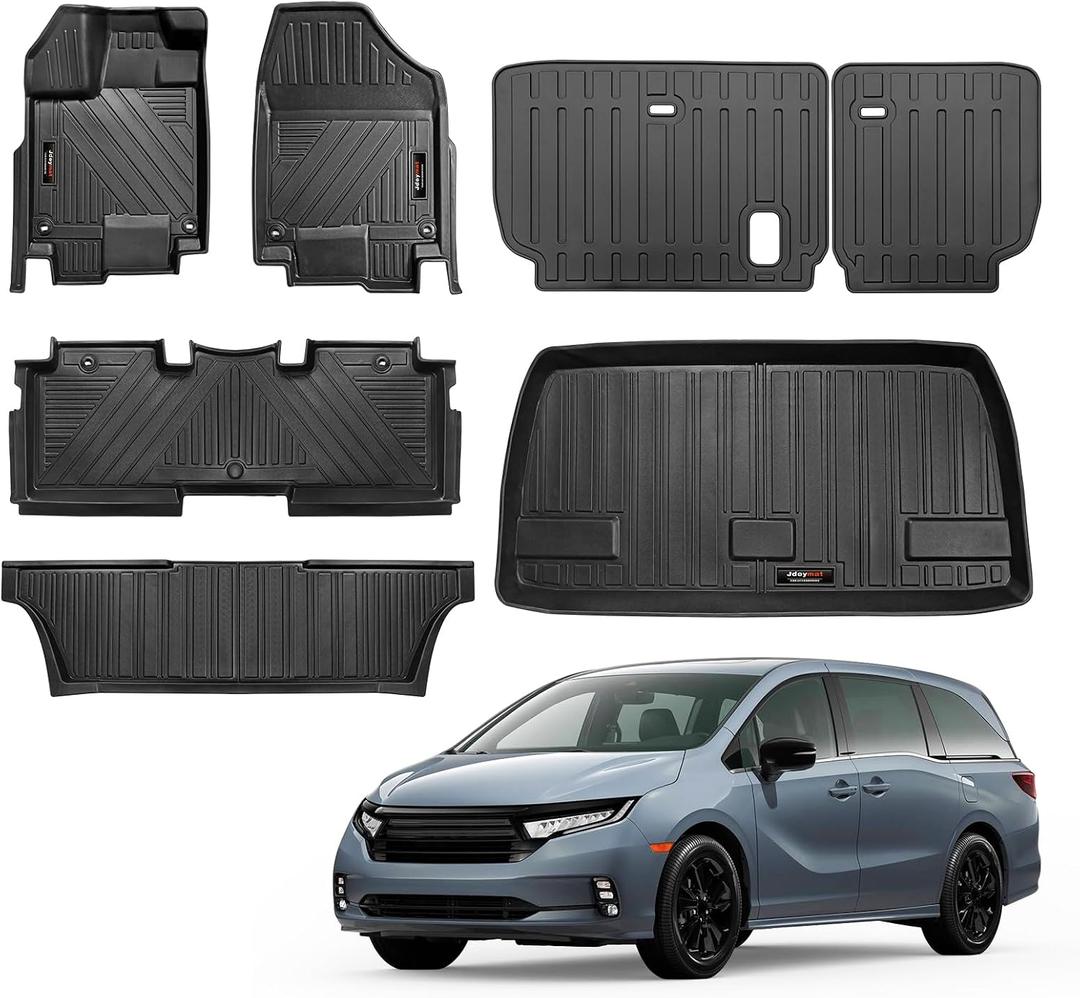 for 2018-2025 2026 Honda Odyssey Mini Passenger Van Floor Mats 3Rows and Cargo Trunk Liner Backrest Mat All Weather TPE Rubber Protection Mat Black (Floor Mats 3 Rows+Cargo Liner+Backrest Mat)