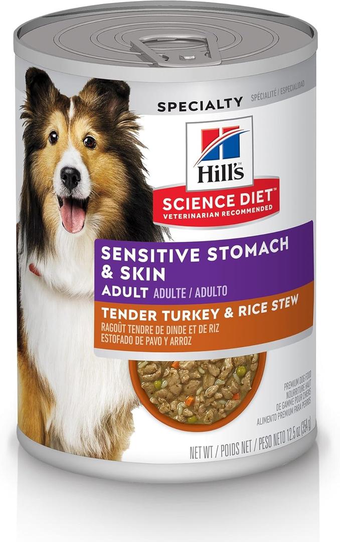 Hill's Science Diet Adult Sensitive Stomach & Sensitive Skin Tender Turkey & Rice Stew Canned Wet Dog Food, 12.5 oz., Pack of 12 (EXP 06/01/27)
