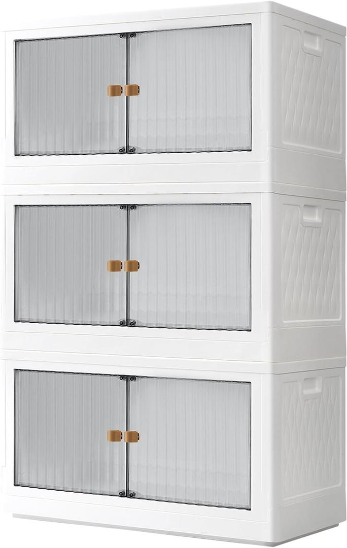 19 Gal Stackable Storage Bins with Lids 3 Pack, Collapsible Storage Bins with Doors Plastic Folding Storage Box with Wheel, Large Foldable Storage Boxes for Dormroom Clothes, Grey