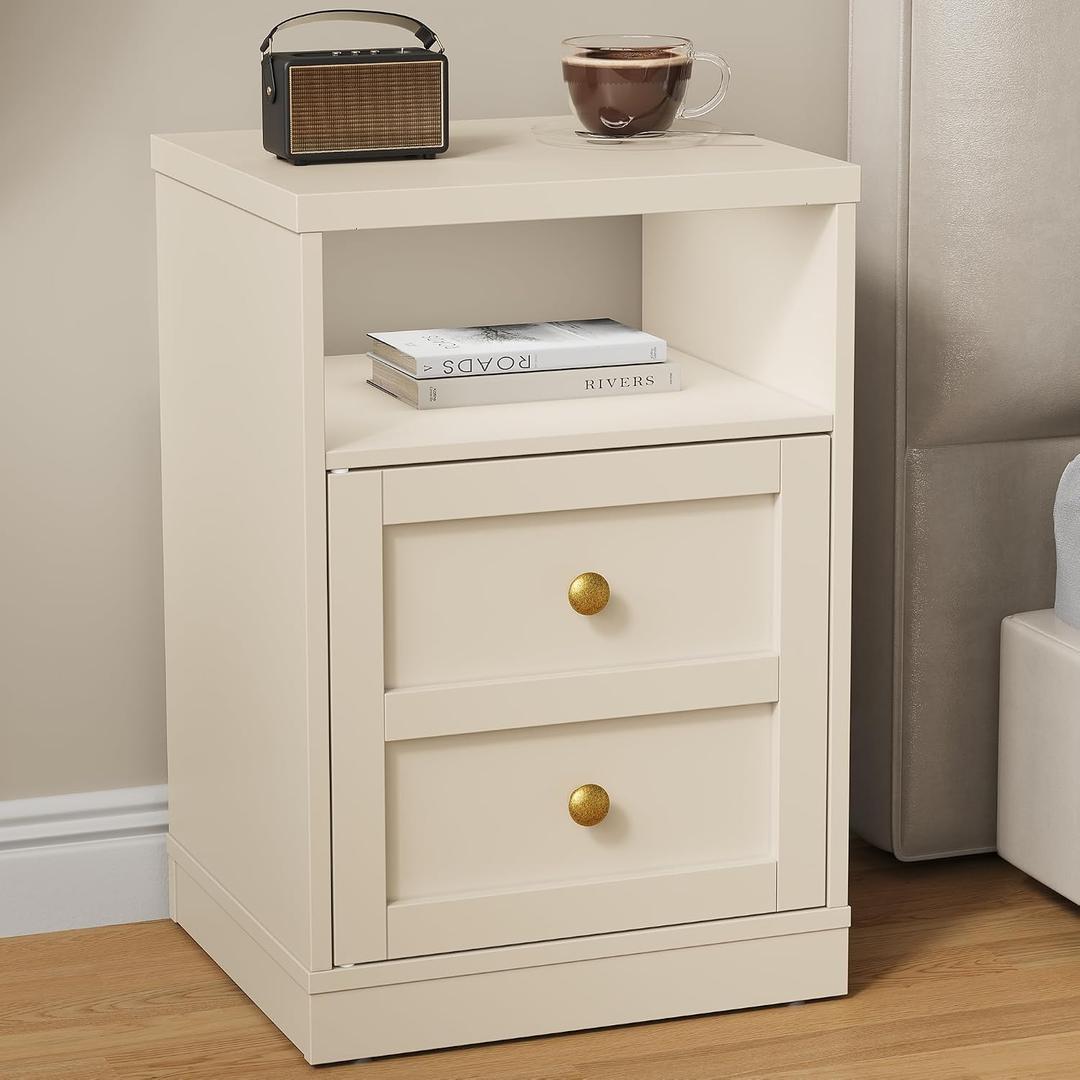 RoyalCraft Beige Nightstand with Storage Shelf and Door, Faux Two-Drawer Design Side Table, Modern Night Stand for Bedroom Dorm, Wood End Table for Small Spaces, 15.7 inches x 13.8 inches x 23 inches