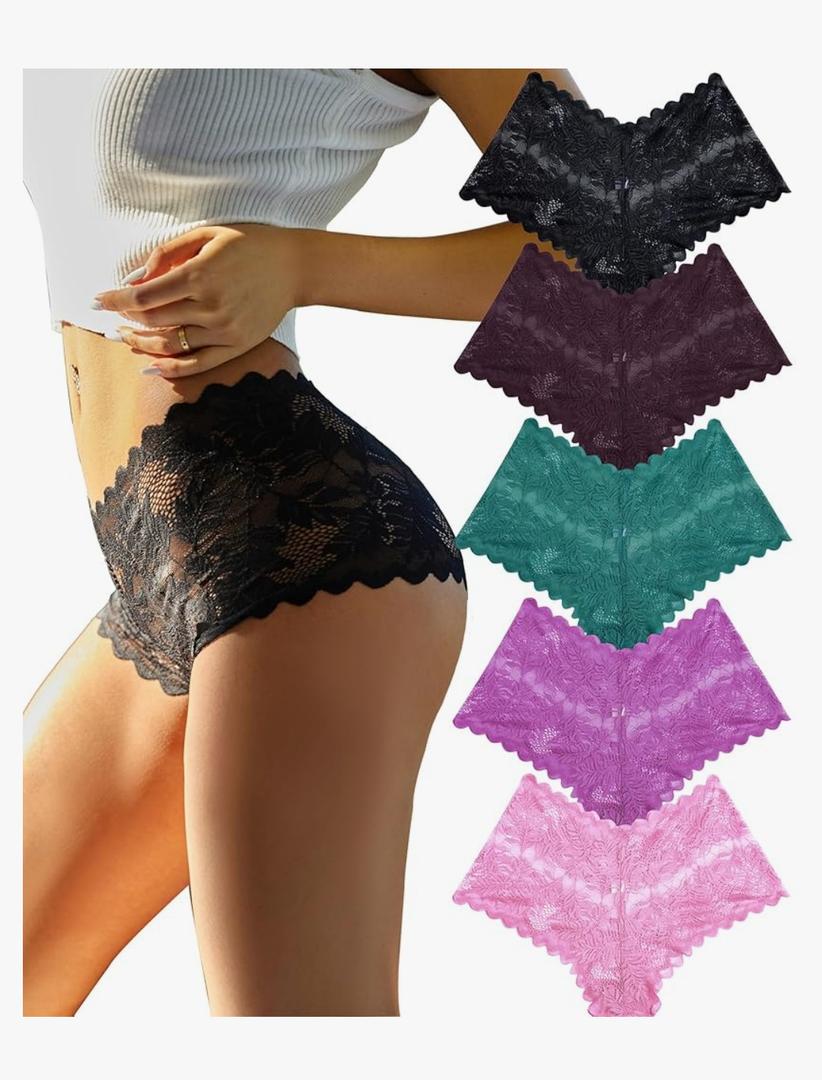 FINETOO Sexy Underwear for Women V-Waist Shorts Women' s Underwear Lightweight Soft Lace High Waist Panties 5 Pack M