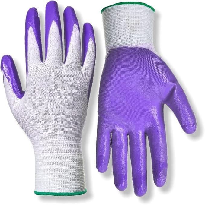 RED STEER GLOVE COMPANY, NITRILE PALM GARDENING GLOVES,PACK OF 10, (White& Purple)
