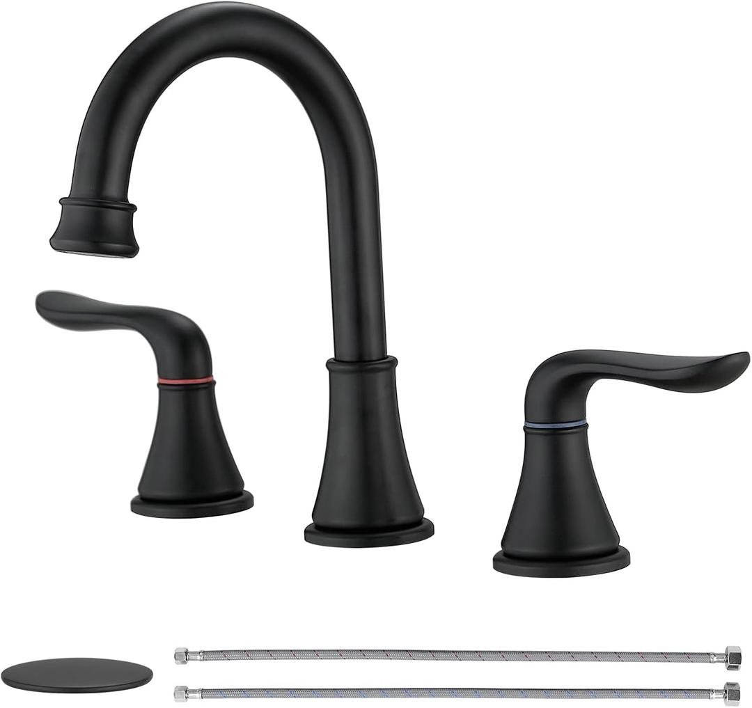 Bathroom Faucets 3 Hole, 8 Inch Widespread Bathroom Sink Faucet Black, Modern Double Handles Bathroom Vanity Faucets with Pop Up Drain
