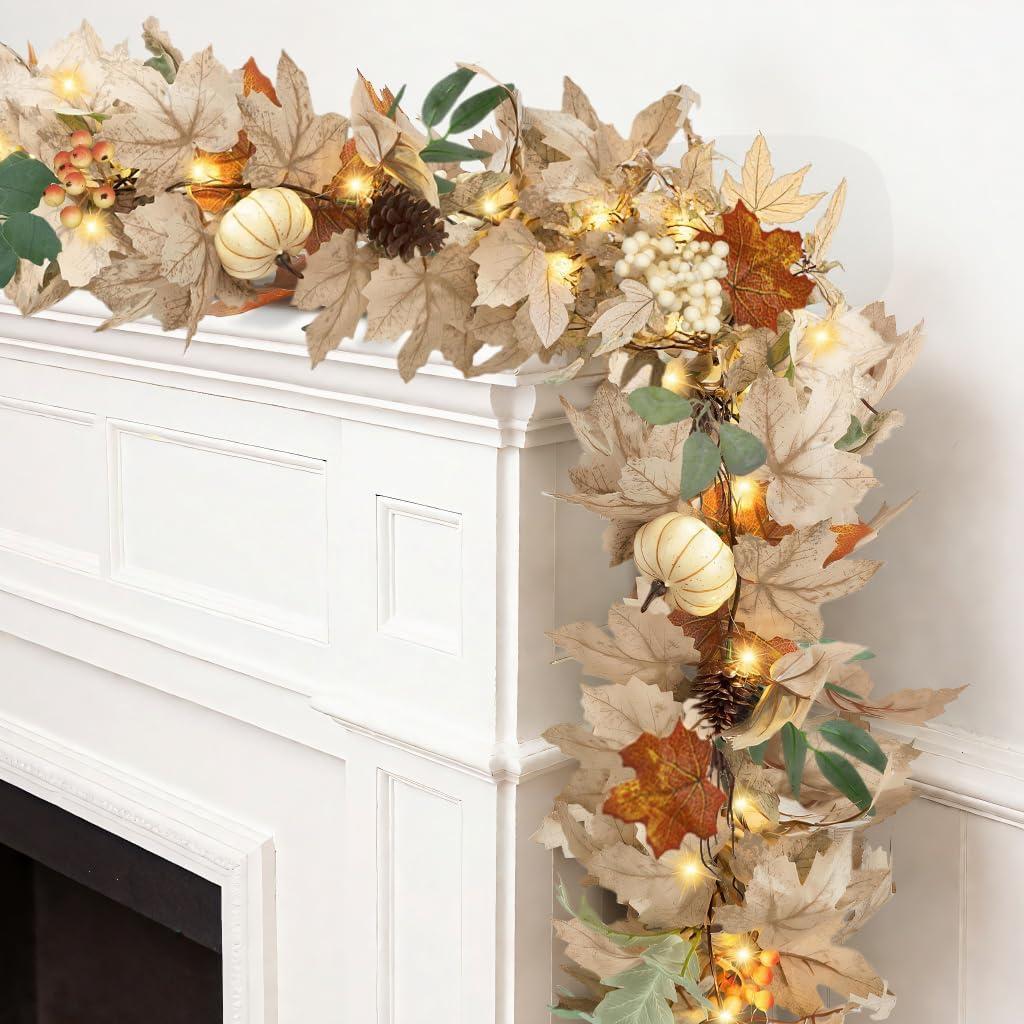 Fall Leaves Garland with Lights for Mantle Decor, 6 Ft Neutral Fall Ear Maple Leaf Garland Decorations with Pumpkins Pine Cone Berries for Home Fireplace Porch Table Harvest Christmas Indoor Outdoor