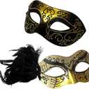 Wildarms Couple Masquerade Masks - Feather Women & Venetian Men Masks for Halloween Party, Mardi Gras Cosplay