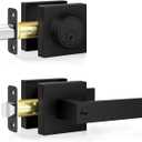 Estmoon Door Locks for Front Door, Matte Black Exterior Door Handle and Single Cylinder Deadbolt Lock, Heavy Duty Modern Square Front Door Handle and Deadbolt Set, Commercial Locks for Doors, 1 Pack