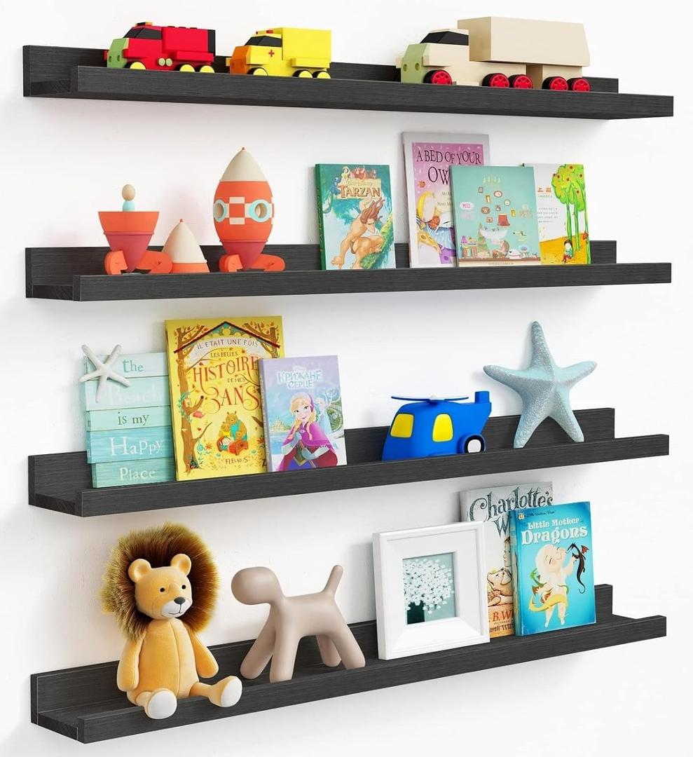 Forbena Black Picture Ledge Shelf 4-Pack, 36 Inch Floating Shelves for Wall with Lip Edge, Extra Long Wood Hanging Wall Shelf for Living Room Bedroom Office Classroom Library Books Photo Frames Decor