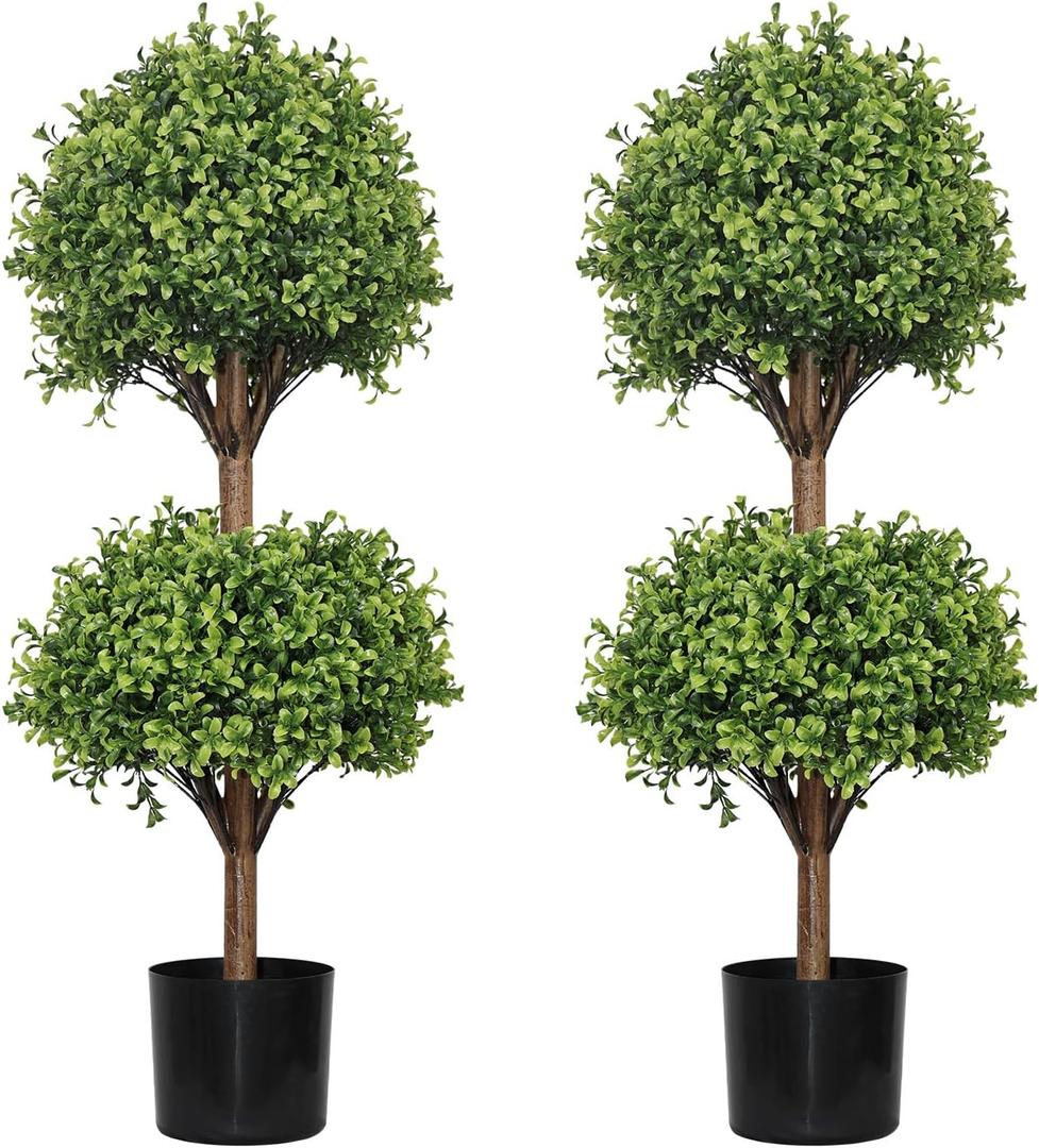 THE BLOOM TIMES 40" Tall Artificial Boxwood Double Ball Topiary Trees, UV Resistant Large Fake Potted Plants for Outdoor Planter, Realistic Faux Bushes Shrubs for Front Porch Outside Decor Set of 2