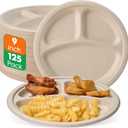 ECOLipak 125 Pack Compostable 3 Compartment Plates, 8.85 inch Heavy-Duty Disposable Paper Plates, Eco-Friendly Biodegradable Sugarcane Bagasse Divided Plates for Dinner (9inch Nature)