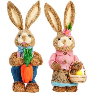Easter Bunny Decor 13.38 in Standing Sisal Rabbit Figurine Handmade Easter Straw Mr. Bunny Statues Spring Straw Bunny Cute Photo Props Gifts for Farmhouse Spring Home Porch Decor Easter Table Decor