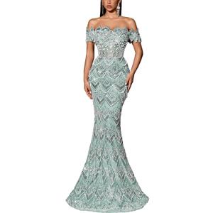 Women's Beaded Mermaid Formal Evening Gown Off Shoulder Prom Dress | Sequin,lined,Sparkly Wedding Guest Dress,Bodycon Fishtail Party Cocktail Maxi Dress,Lace Up Back,Elegant Gala Red Carpet Gown (Teal, L)