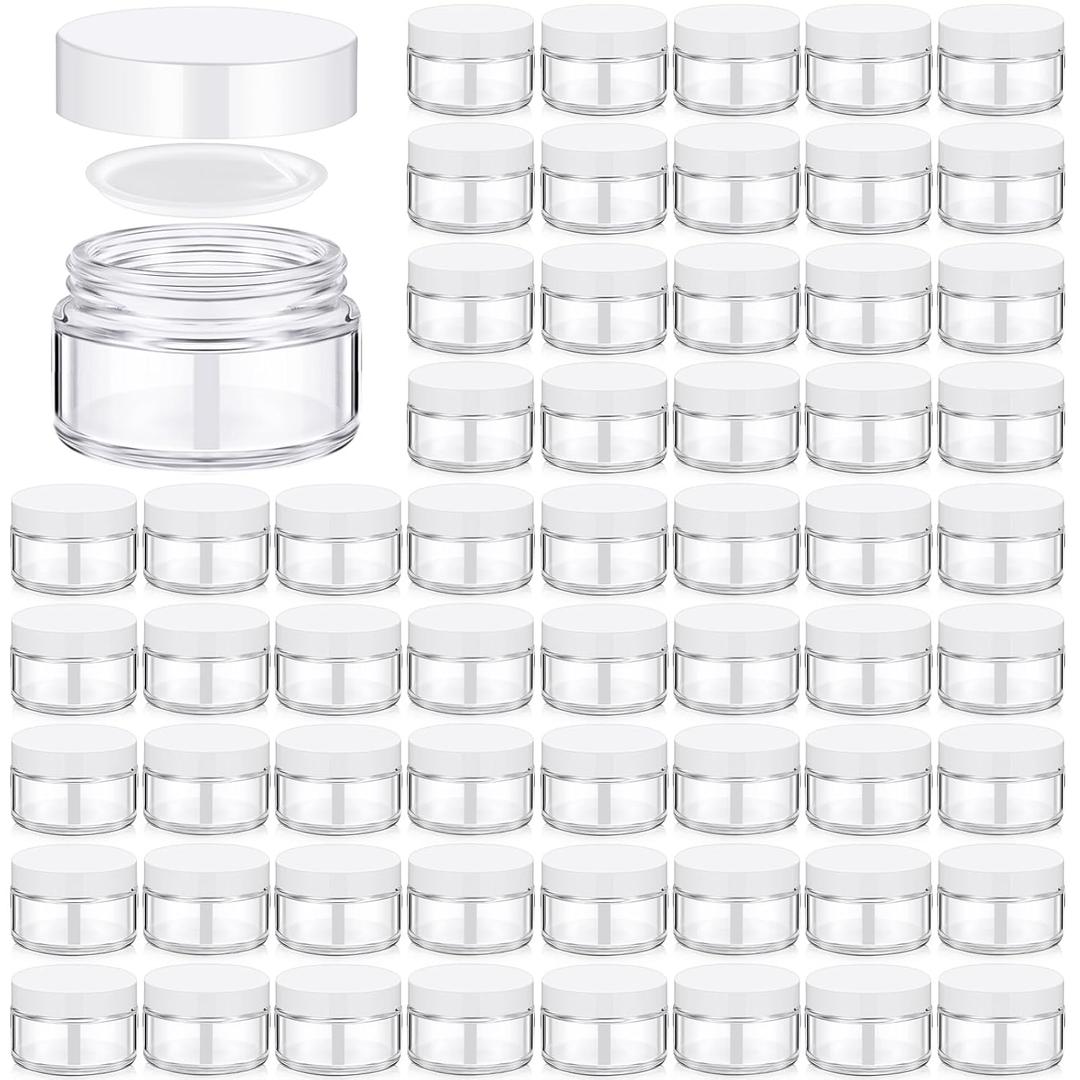 Domensi 100 Pcs 1 oz Glass Jars with Lids Bulk Round Glass Cosmetic Jars for DIY Lip Balm Small Travel Containers with Inner Liner for Lotions Powders Ointments Sample Cream(Clear, White)