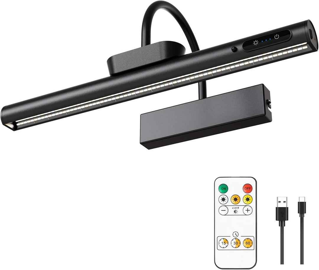 Dimmable Cordless Picture Light with Controller and Timer, Rechargeable Battery Wall Sconce for Wall Pictures, Gallery Artwork, Paintings, Portraits, Dartboards (Black) (14"L x 6.3"W x 6.3"H)