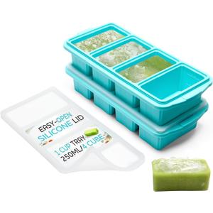 XOMOO Silicone Freezer Tray With Lid - Soup Freezer Container molds - Large Ice Cube Tray- makes 8 perfect 1 cup portions cubes, 2-Pack Freezer Storage Food Soups & Meal Prep - Oven & Dishwasher -Safe