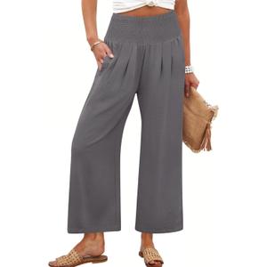 ANRABESS Womens Pants Wide Leg High Waisted Palazzo Pants Summer Flowy Beach Lounge Casual Trousers with Pockets (Large, Grey)